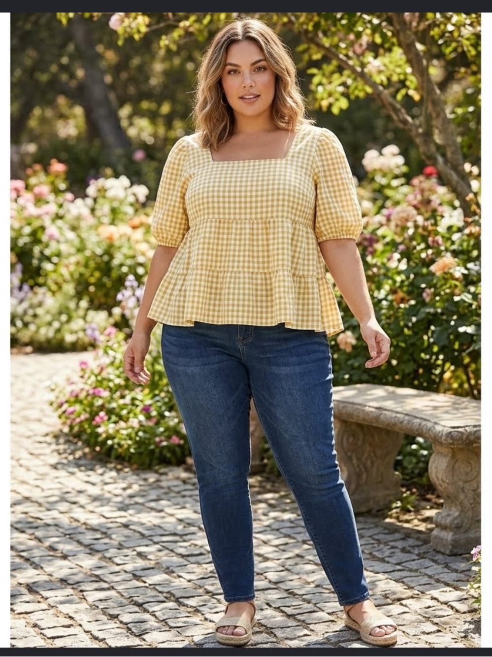 ✨ Trendy Yellow White Gingham Peplum Babydoll Blouse Plus Size 3XL ✨